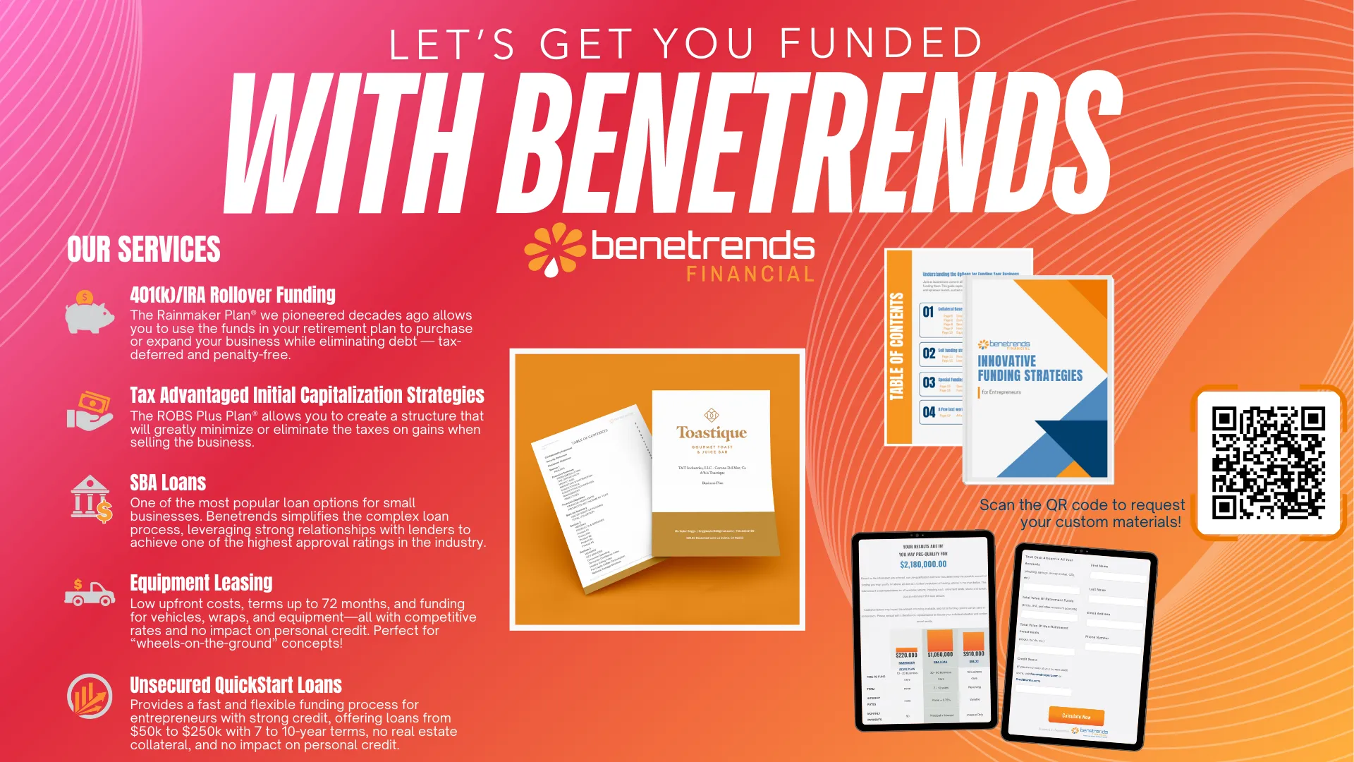 Benetrends franchise funding services overview including SBA loans, ROBS, equipment leasing, and working capital